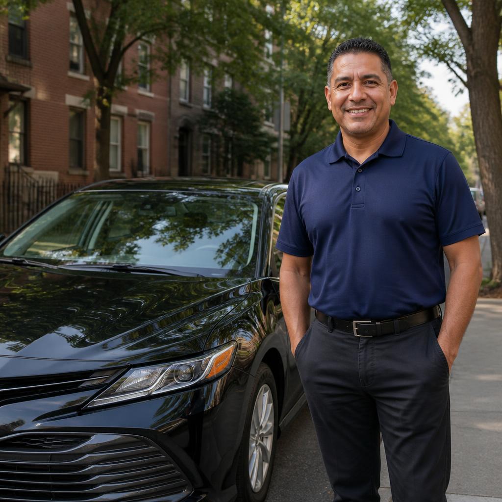 Illustrative image of a professional driver standing beside a white sedan