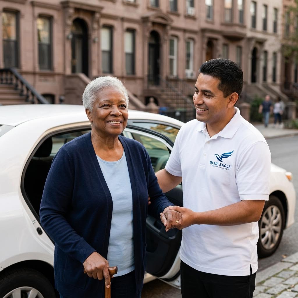 Older passenger assisted beside a white sedan by a driver wearing a white Blue Eagle Transportation polo